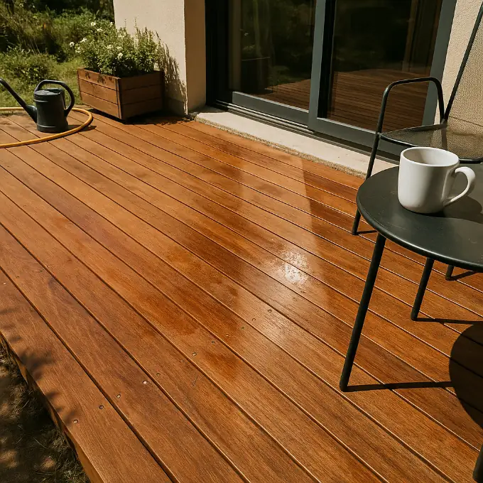 Prix terrasse bois 20 m² (pose incluse) : rendu réel avec visserie alignée, rive propre et lumière naturelle