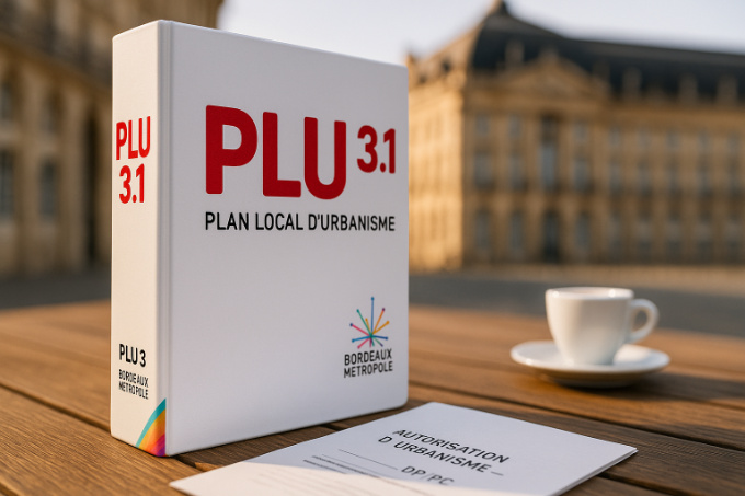 PLU 3.1 Bordeaux Métropole » posé sur une terrasse en bois avec un document « Autorisation d’urbanisme – DP/PC », Place de la Bourse en arrière-plan.