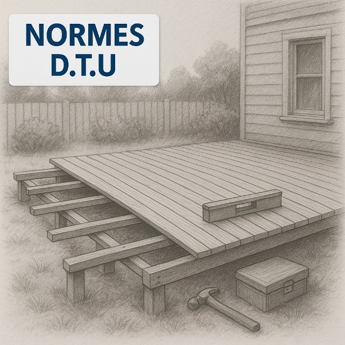 croquis d’une terrasse bois en construction avec outils et bandeau Normes D.T.U, rappelant les règles de sécurité et de conformité pour une pose durable.