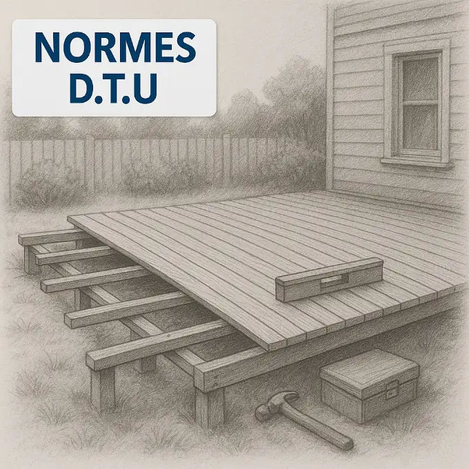 croquis d’une terrasse bois en construction avec outils et bandeau Normes D.T.U, rappelant les règles de sécurité et de conformité pour une pose durable.
