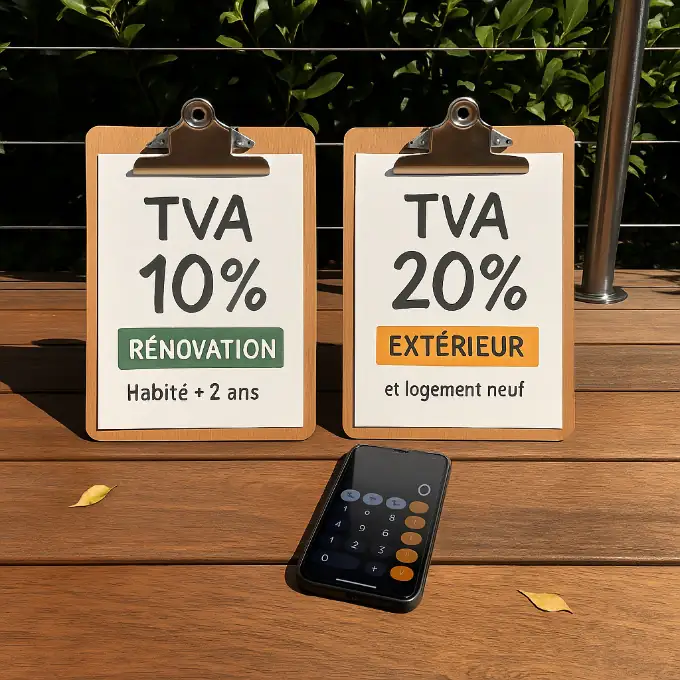 Comparatif TVA terrasse bois : 10 % en rénovation (logement habité > 2 ans) vs 20 % pour extérieur et logement neuf, panneaux sur terrasse en bois.
