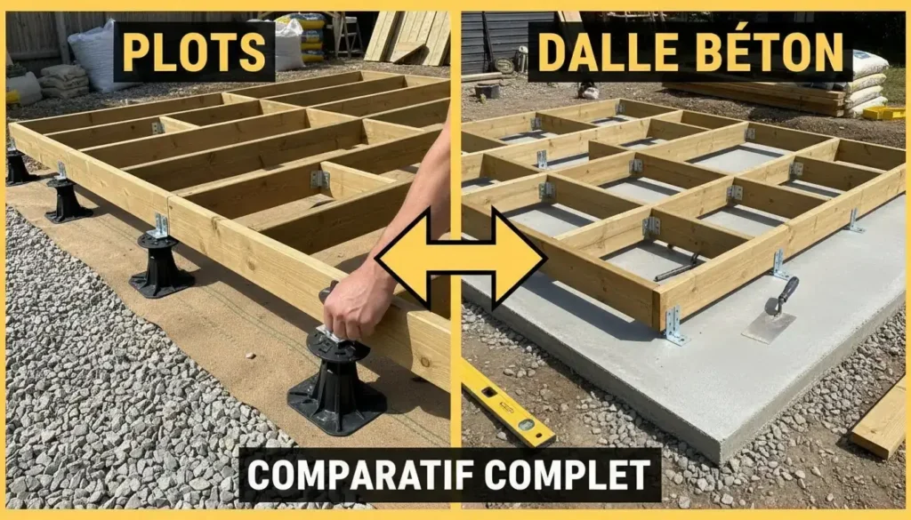 Comparatif prix terrasse bois : structure sur plots réglables vs dalle béton (postes de coût et écarts au m²)