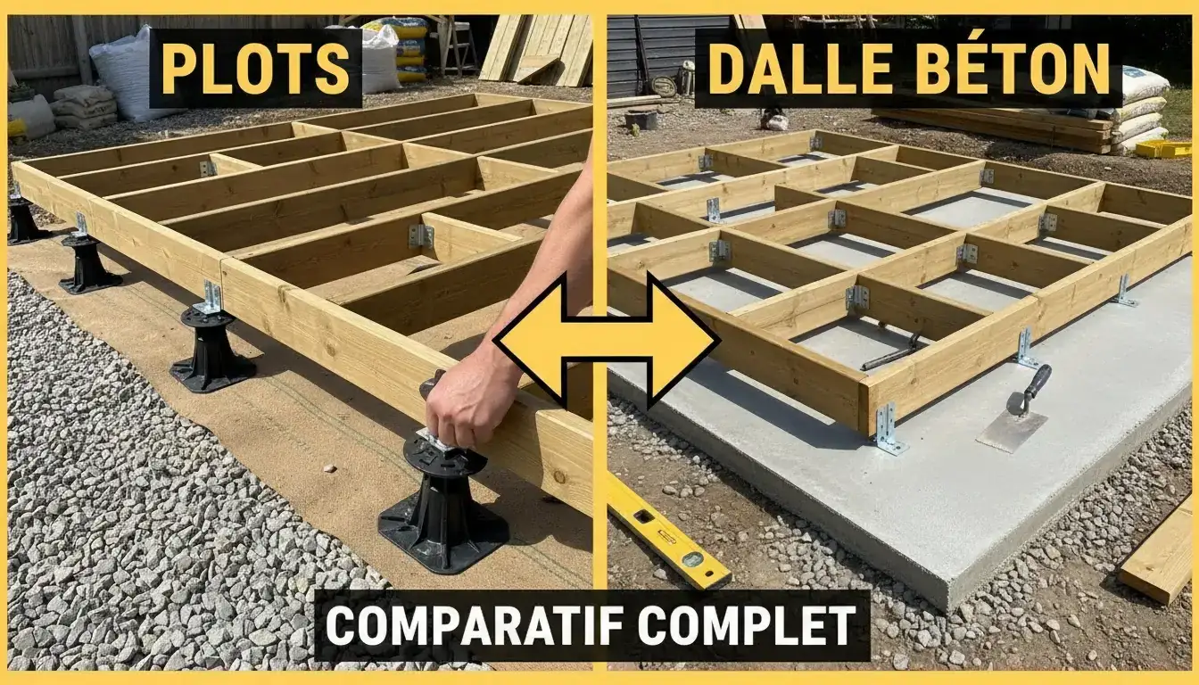 Structure de terrasse bois sur dalle béton et sur plots