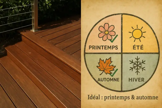Terrasse en bois ipé vissée avec marches et câble inox au soleil de fin d’après-midi ; schéma des saisons (printemps & automne cochés) — meilleur moment pour poser sa terrasse.