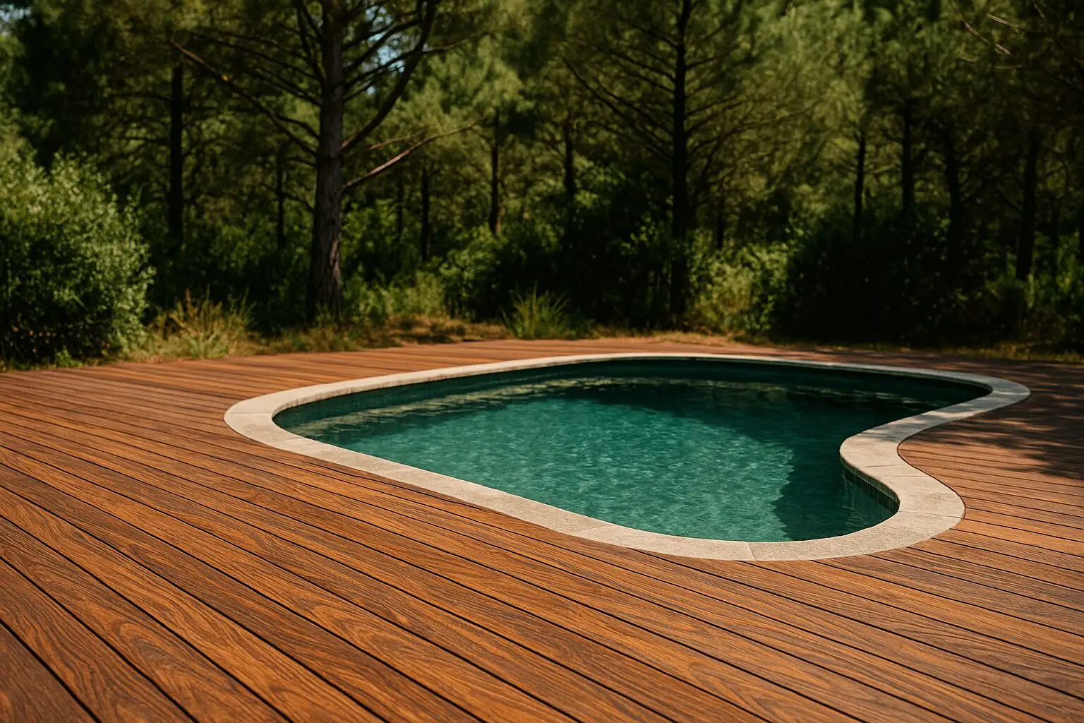 Terrasse en bois d’ipé à Pessac, avec lames vissées, texture naturelle et vignes en arrière-plan