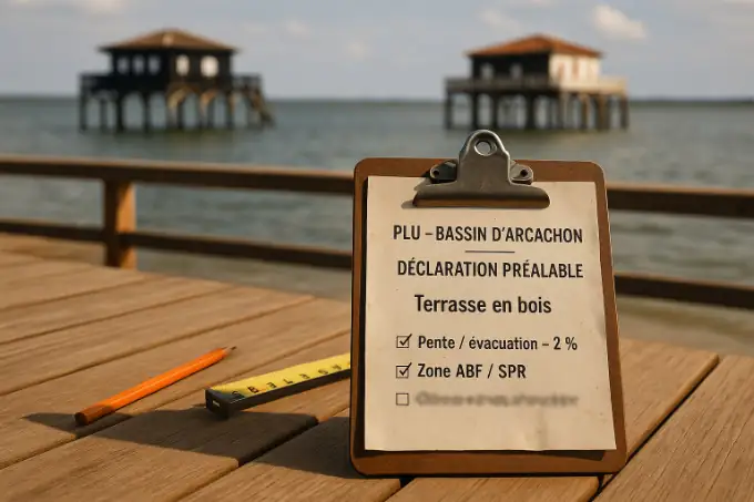 Terrasse bois au Bassin d’Arcachon avec clipboard « PLU – Bassin d’Arcachon » et checklist (pente 2 %, ABF/SPR) – réglementation locale
