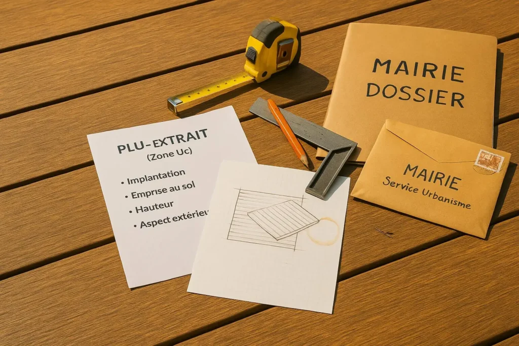 Documents PLU et dossier mairie sur une terrasse en bois, avec mètre et croquis — déclaration préalable ou permis ?