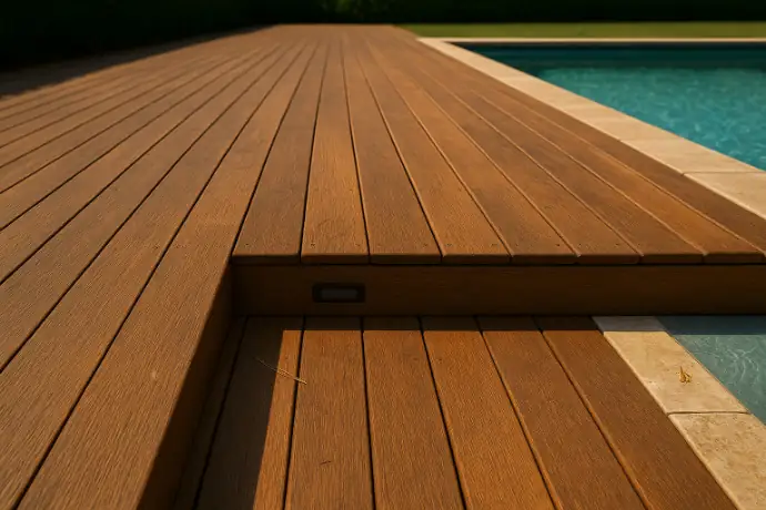 Terrasse en bambou en extérieur, lames clipsées et joints ventilés : exemple de pose soignée et d’entretien simple après la pluie